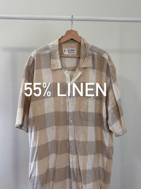 Beige Plaid Linen Blend Short-Sleeve Shirt